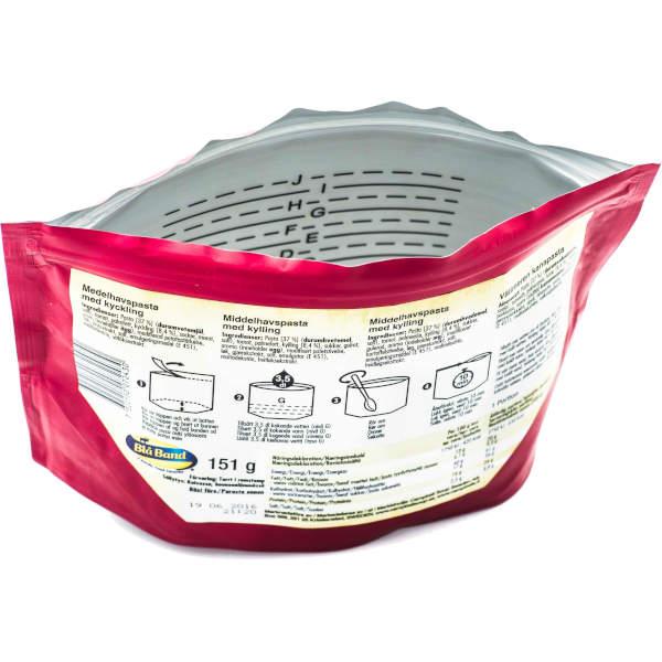 An open empty Bla Band packet demonstrating the fill lines on the inside of the packaging.